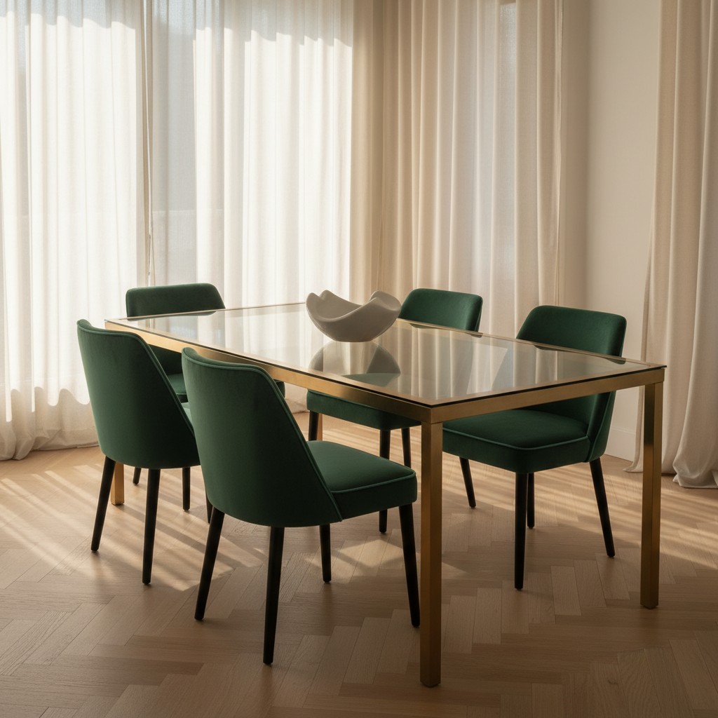 A tastefully designed formal dining room, featuring a rectangular table surrounded by six green chairs in a mid-century mo...